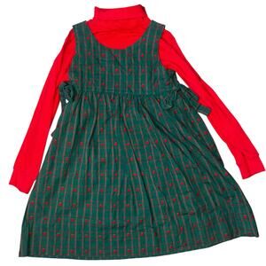 Vintage Apple theme Green & Red Plaid Pinafore midi Jumper Dress homemade